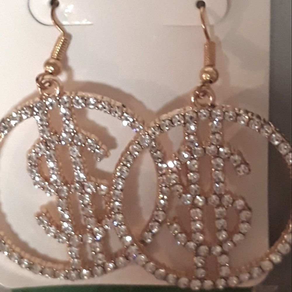 Bling Money Sign Rhinestone Diamond Silver Earrings - Picture 3 of 5